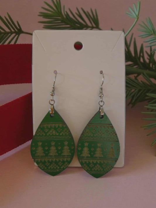 Cozy Green Sweater Wooden Dangle Earrings
