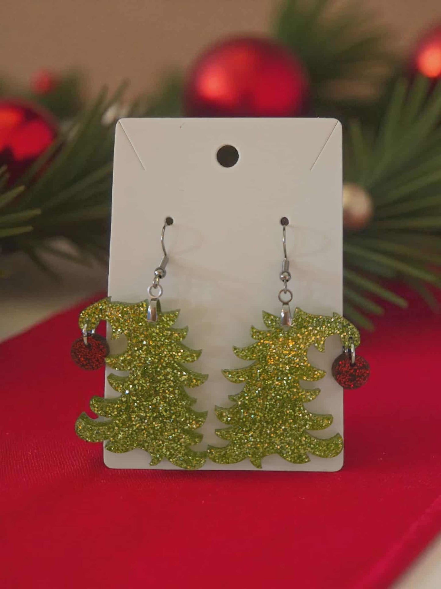 Green Glitter Tree Dangle Earrings