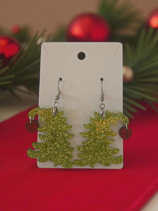 Green Glitter Tree Dangle Earrings