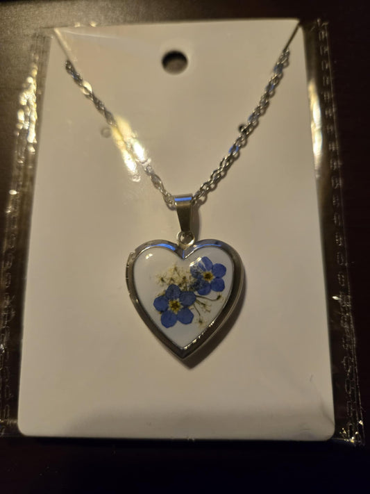 Blue Flower Locket Necklace on Stainless Steel 18 Inch Chain