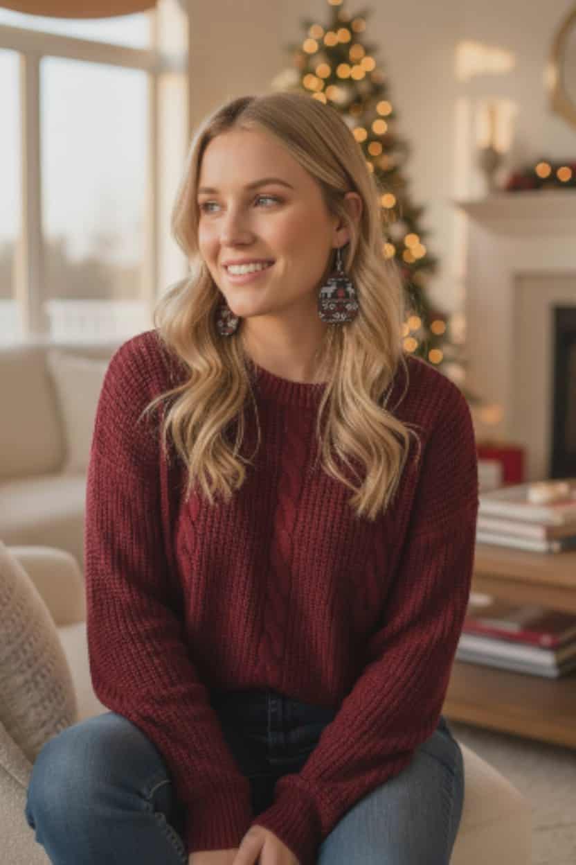 Blue Fair Isle Sweater Dangle Earrings