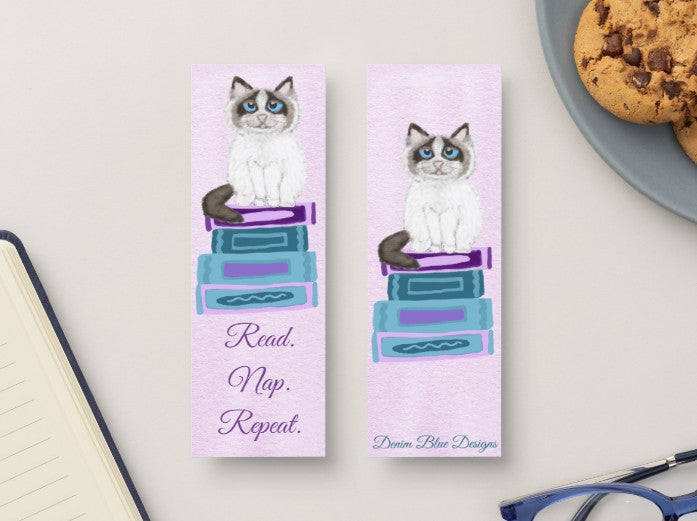 Hand Drawn Cat and the Bookstack Bookmark
