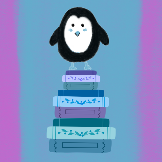 Hand Drawn Penguin on a Bookstack Cutie Vinyl Sticker