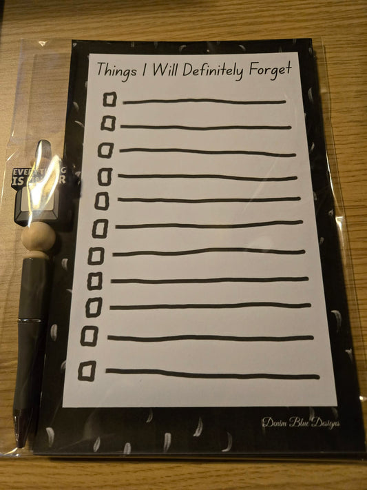 Hand Drawn "Things I Will Definitely Forget" Checklist Notepad and Coordinating Pen