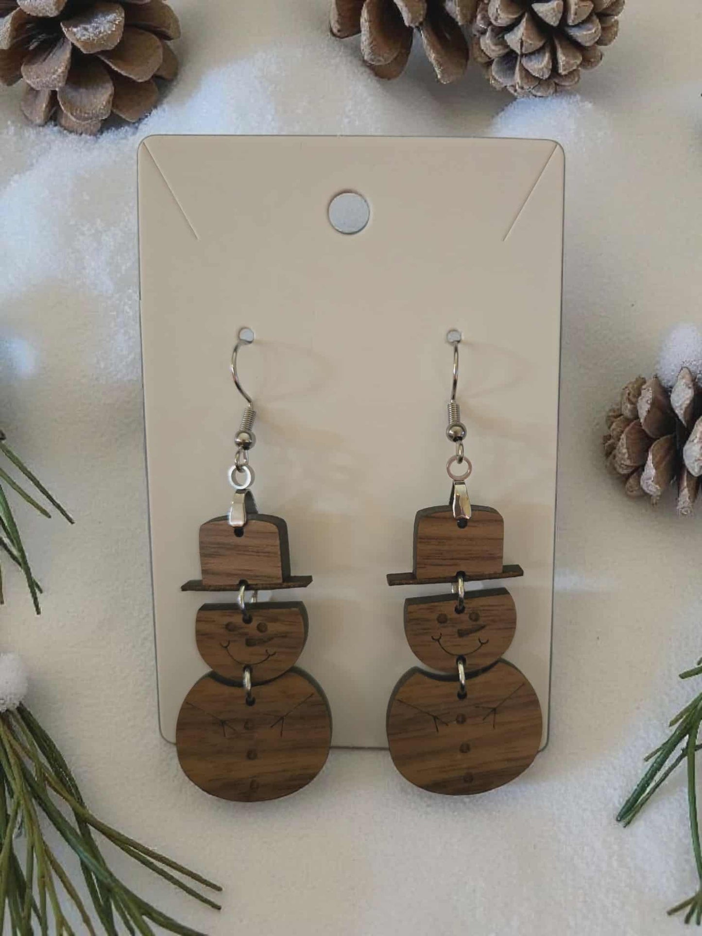 Wooden Snowman Dangle Earrings