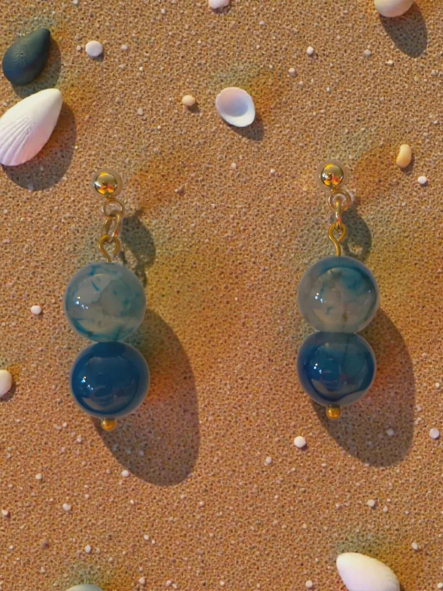 Golden and Blue Bead Dangle Earrings