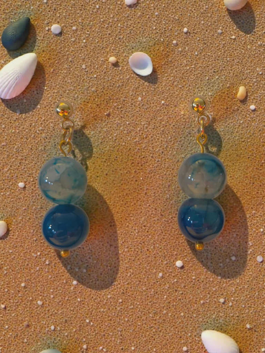 Golden and Blue Bead Dangle Earrings
