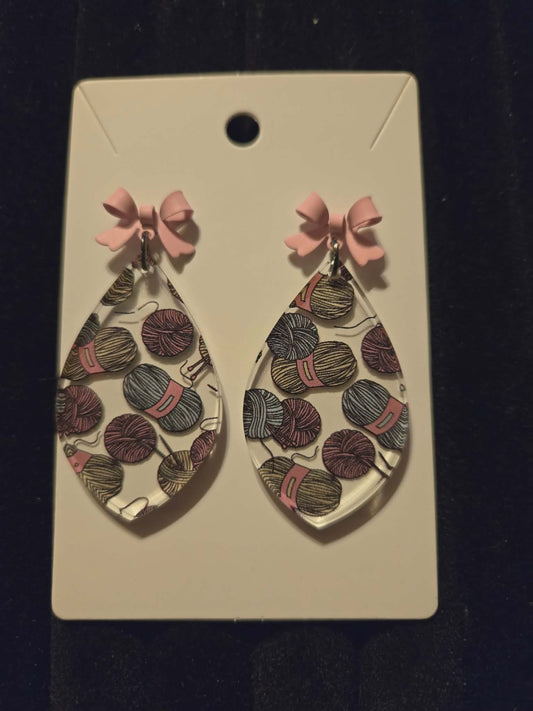 Pink Bow Knitting Teardrop Dangle Earrings