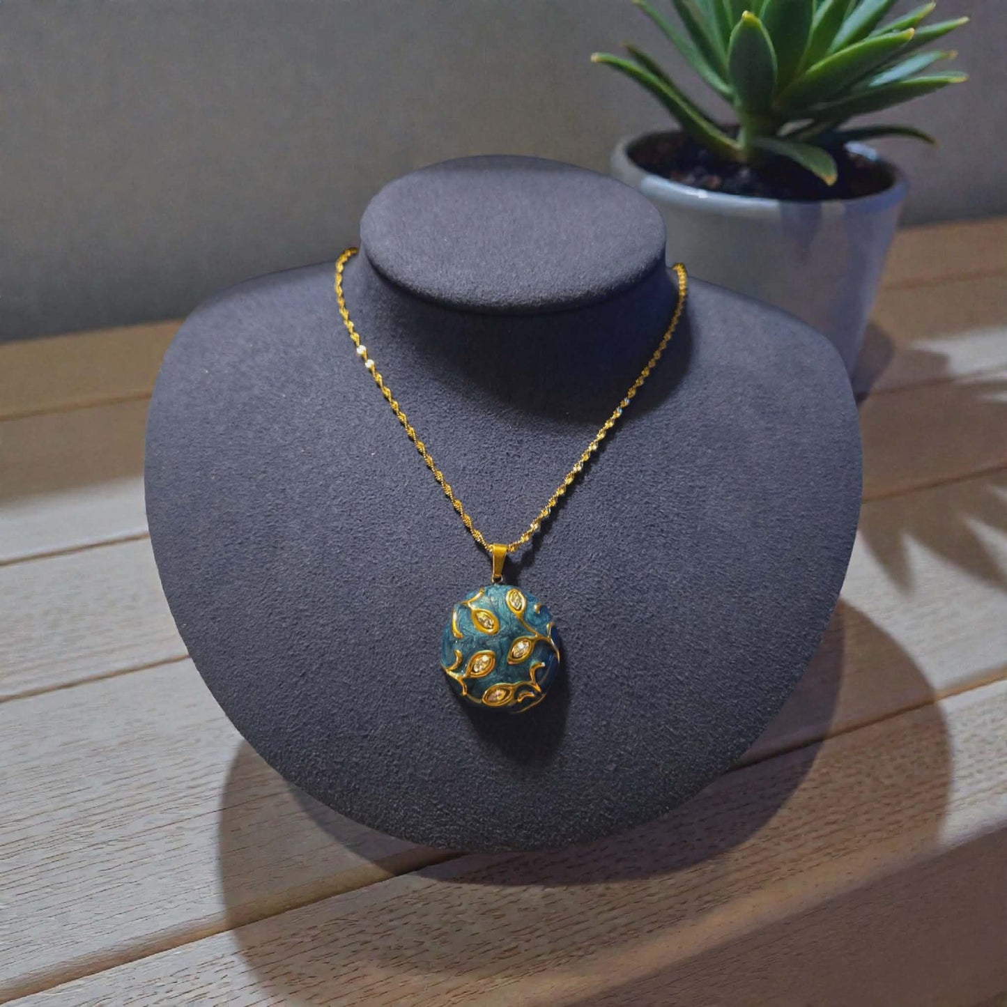 Ink Blue Floral 18K Gold Plated Stainless Steel Pendant Necklace