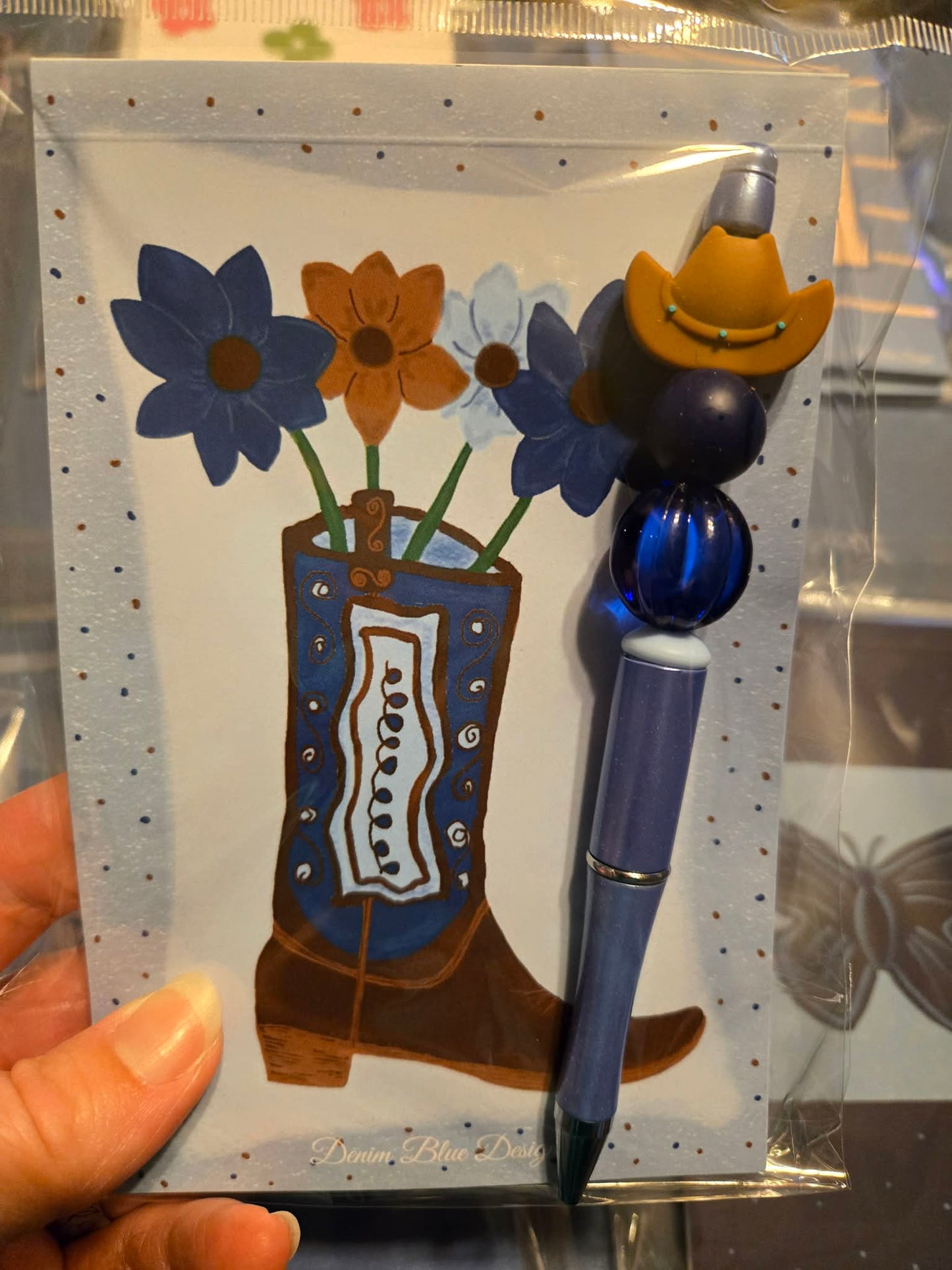 Hand Drawn Demin Blue Cowgirl Boots Notepad with Cover with Coordinating Pen