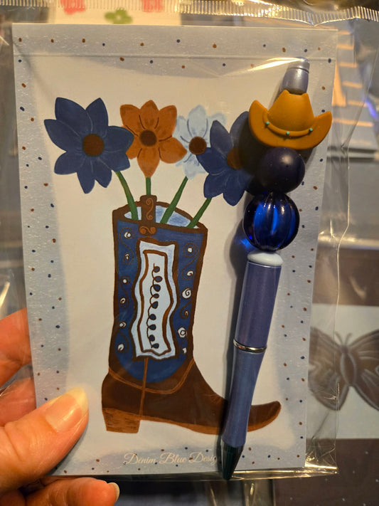 Hand Drawn Demin Blue Cowgirl Boots Notepad with Cover with Coordinating Pen