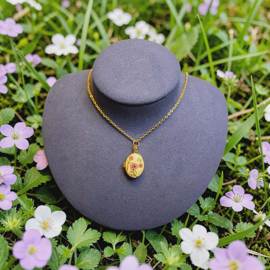 Pink Floral and Golden Oval Locket Necklace