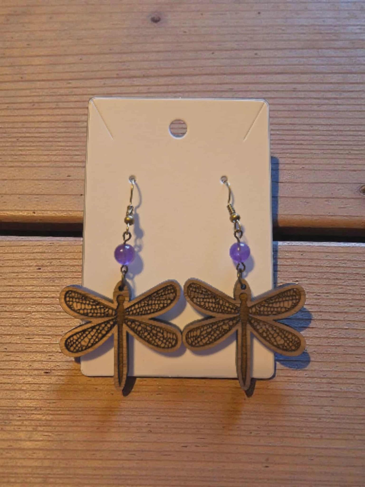 Wooden Dragonfly with Natural Stone Accent Bead Dangle Earrings (Natural Stone Color Will Vary)