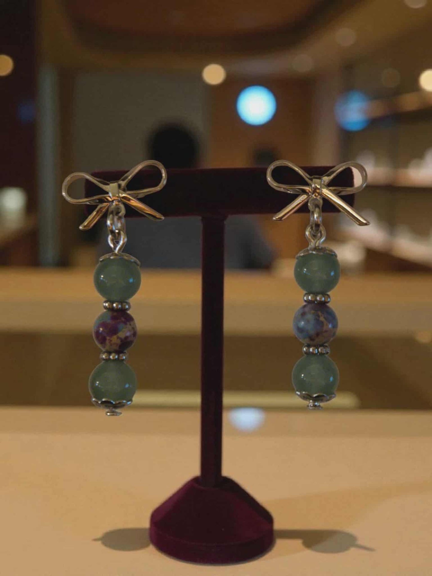 Natural Stone Beaded Bow Dangle Earrings