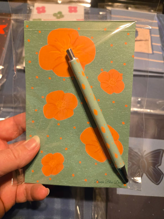 Hand Drawn California Poppy Notepad with Cover with Coordinating Pen