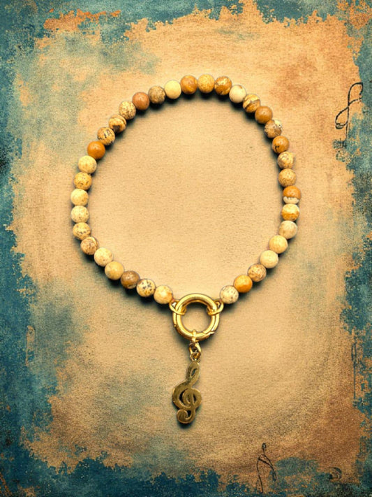 Natural Picture Jasper Beaded Charmer Keeper Bracelet with Music Charm - 18K Gold PVD Stainless Steel