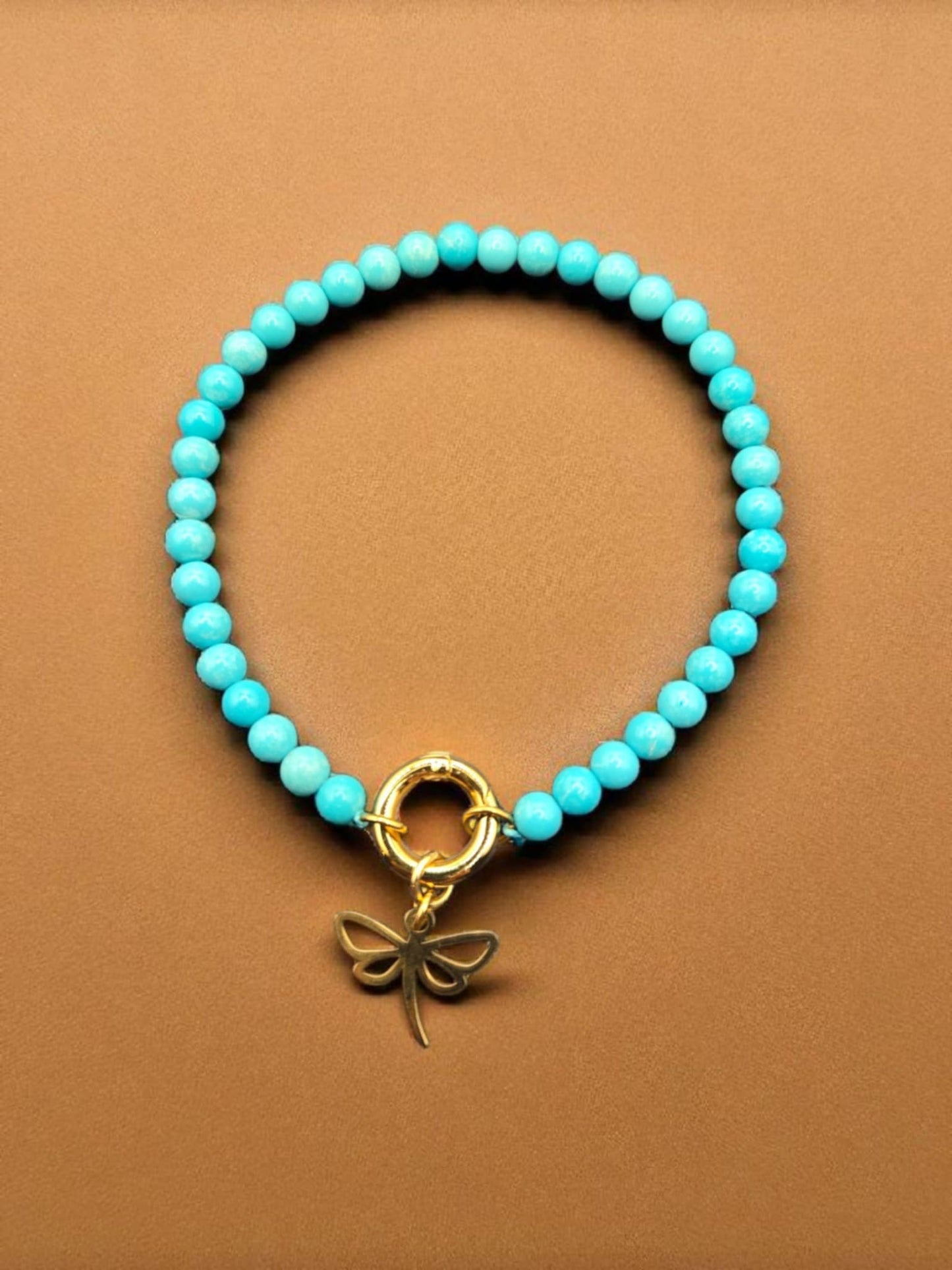 Natural Turquoise Beaded Charmer Keeper Bracelet with Dragonfly Charm - 18K Gold PVD Stainless Steel