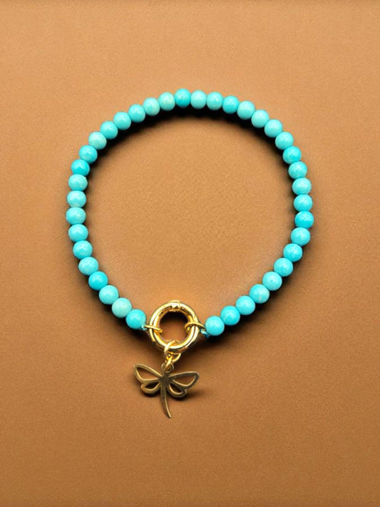 Natural Turquoise Beaded Charmer Keeper Bracelet with Dragonfly Charm - 18K Gold PVD Stainless Steel