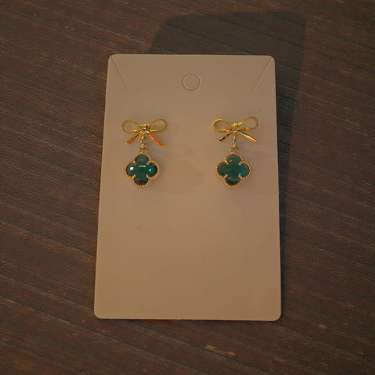 Gold Bow and Clover Dangle Earrings