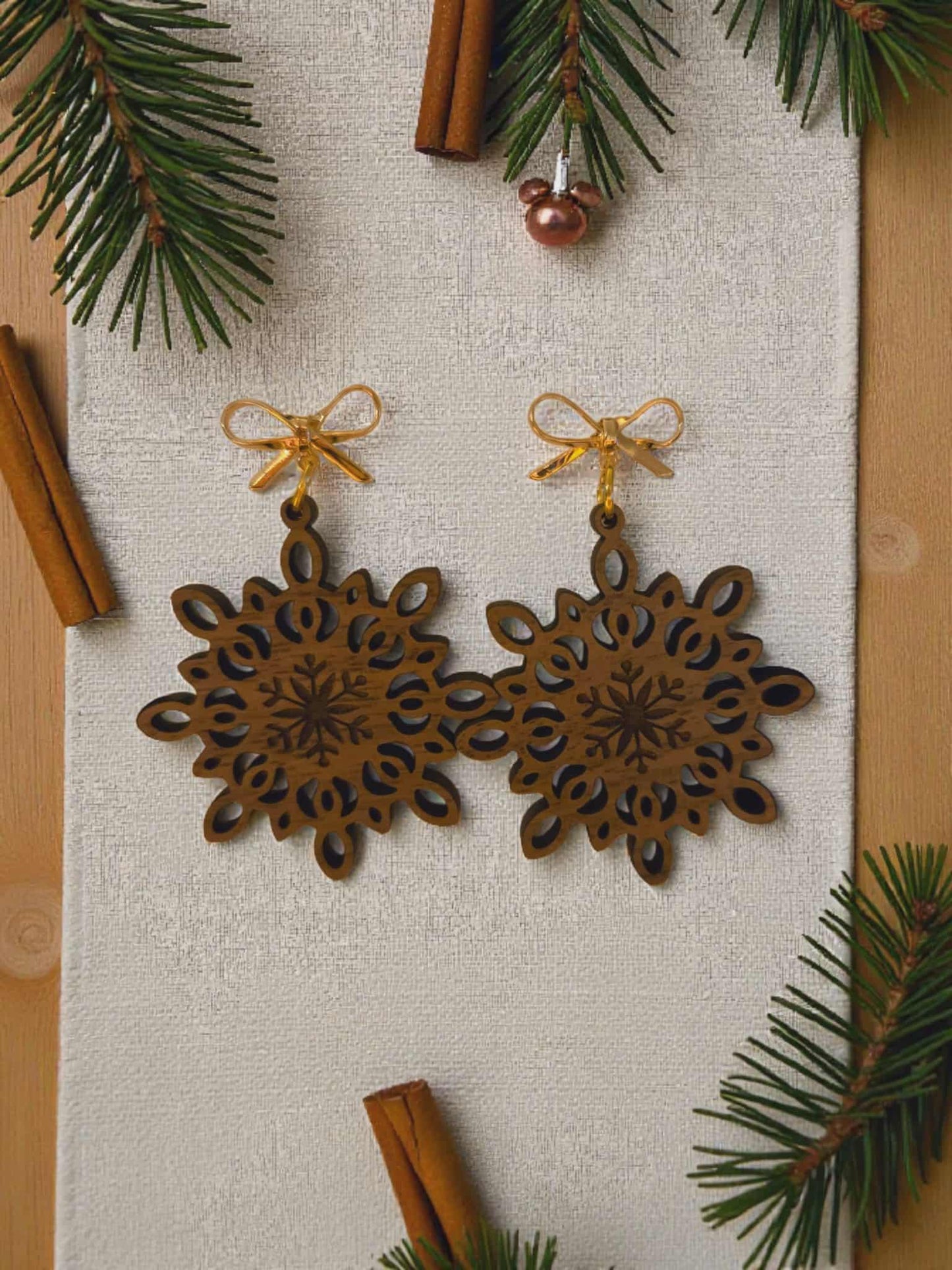 Wooden Snowflake Dangle Earrings with Golden Bow Posts
