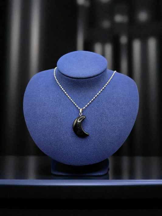 Crescent Moon Natural Obsidian Pendant on PVD Stainless Steel Singapore Chain Necklace