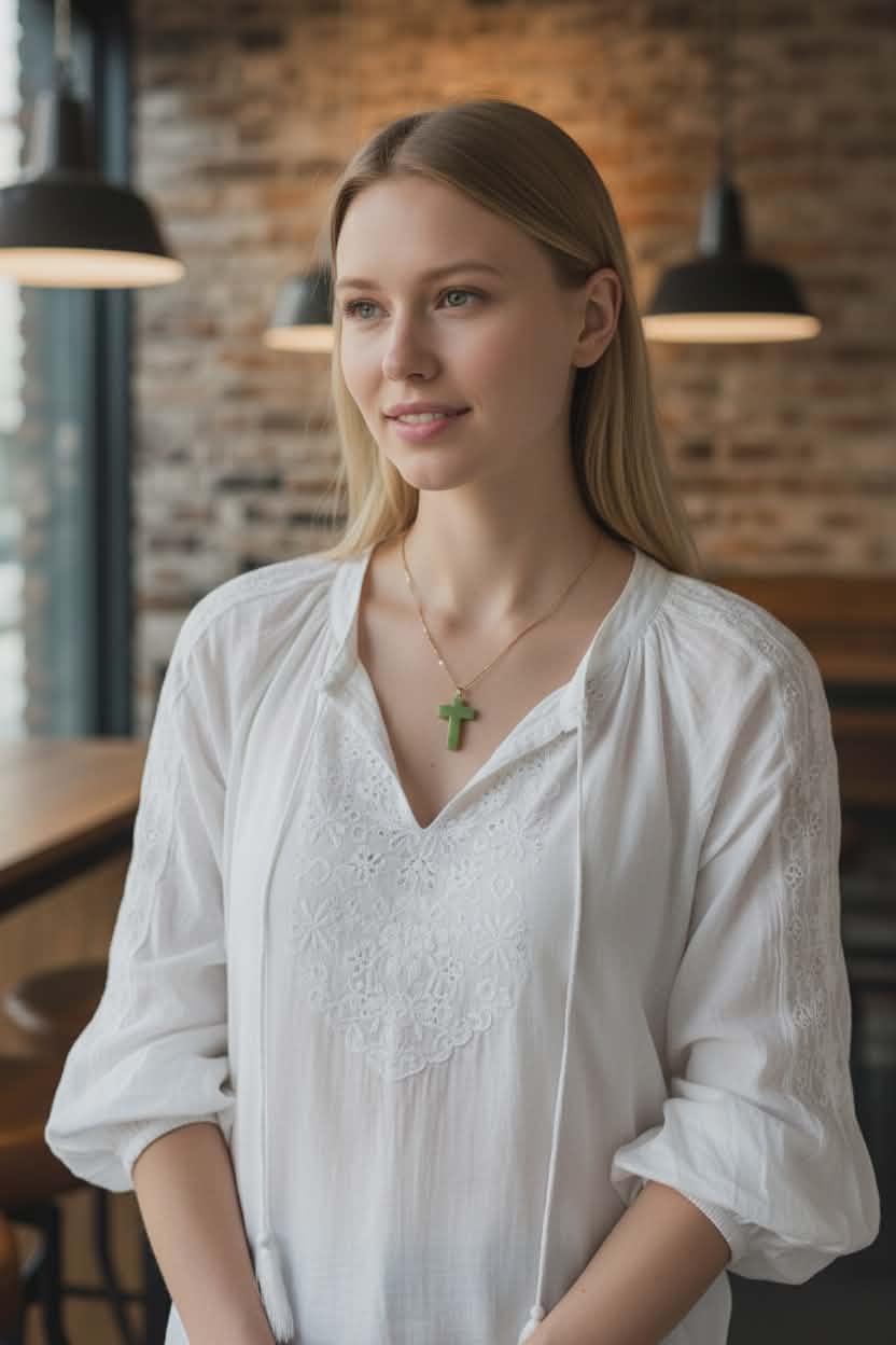 Aqua Natural Stone Cross on a Stainless Steel Singapore Chain Necklace