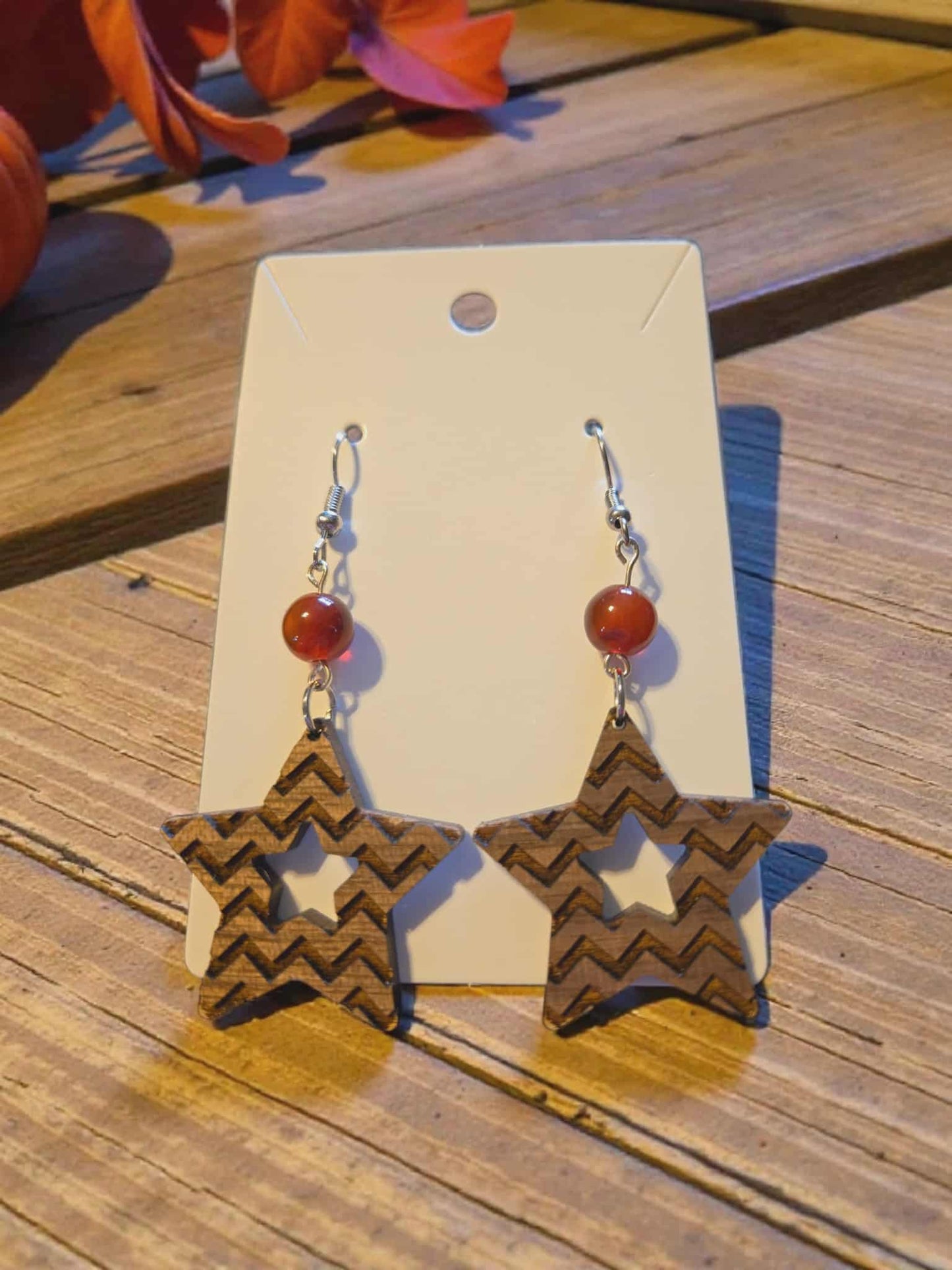 Wooden Star with Natural Red Stone Dangle Earrings