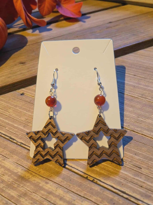 Wooden Star with Natural Red Stone Dangle Earrings