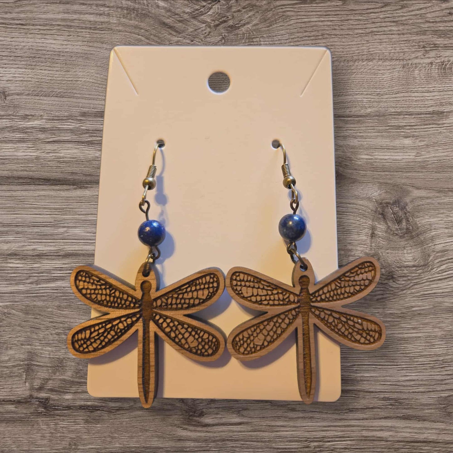 Wooden Dragonfly with Natural Stone Accent Bead Dangle Earrings (Natural Stone Color Will Vary)