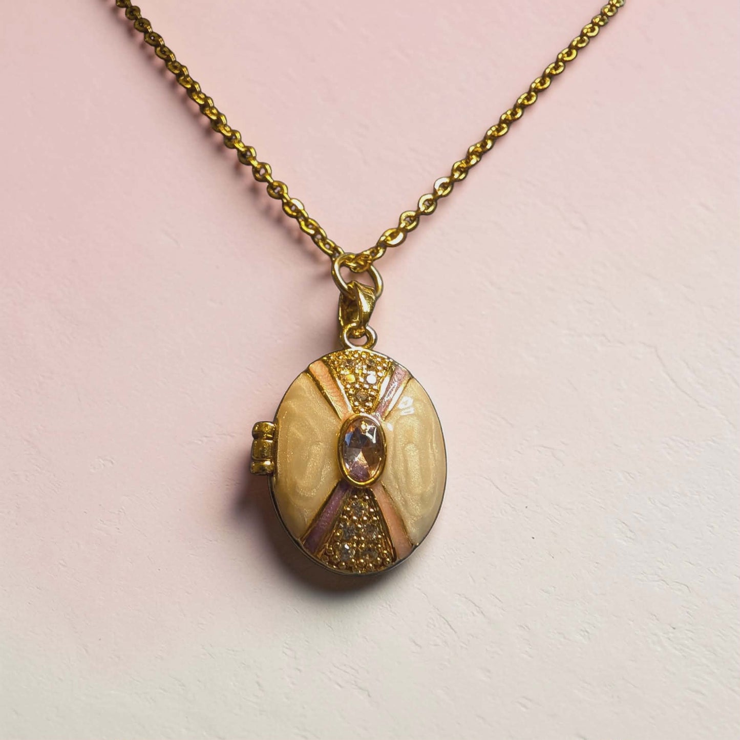 Pink and Gold Oval Locket Necklace