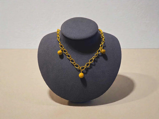 Natural Jasper Stone Beads on an 18K Gold PVD Stainless Steel Hammered Oval Chain Necklace