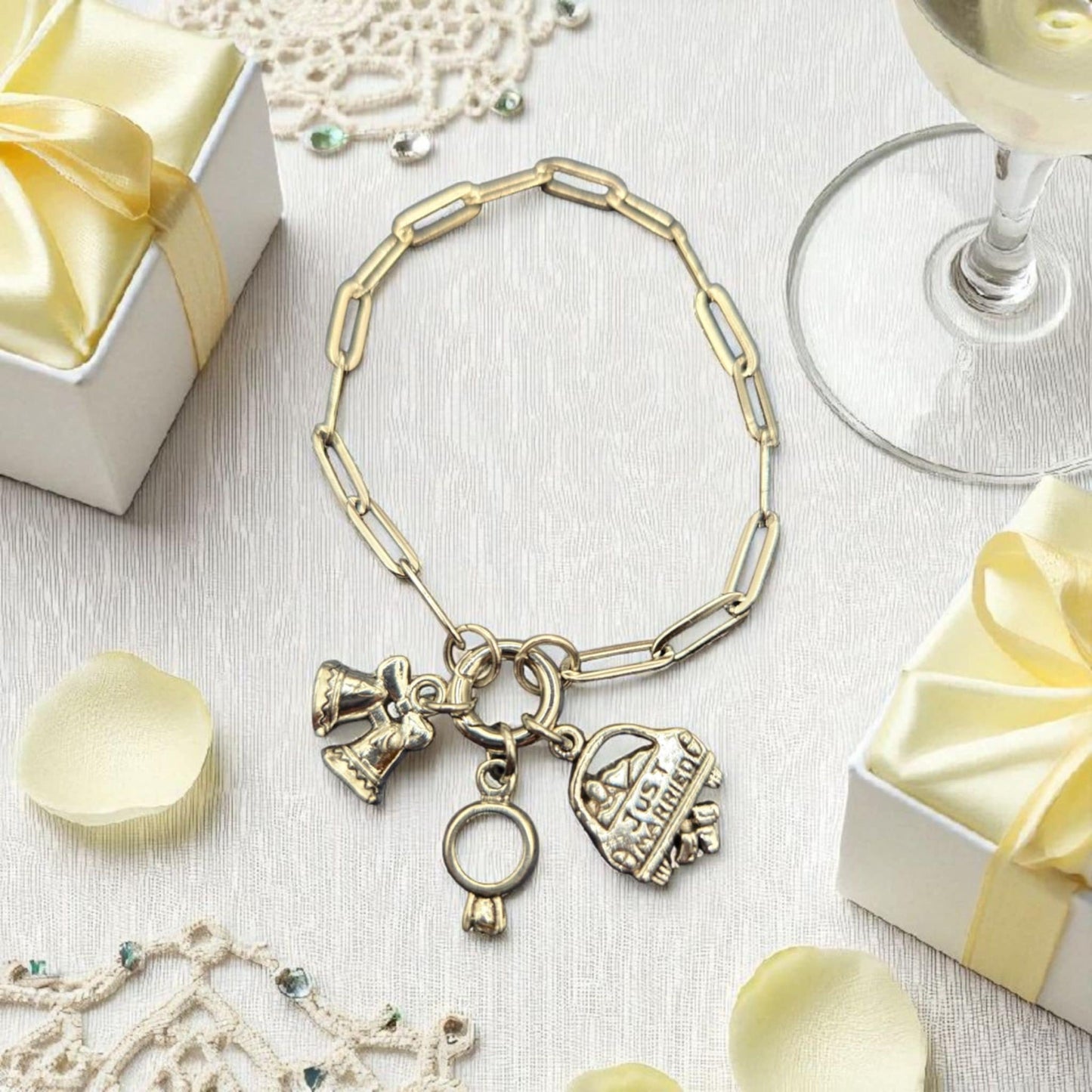 Just Married Charm Bracelet (Paperclip Charm Holder Bracelet PVD Stainless Steel)