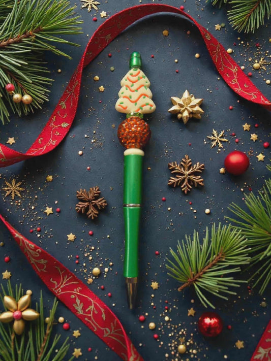 Green Christmas Tree Cake Beaded Pen (Accent Bead Color and Type Will Vary)