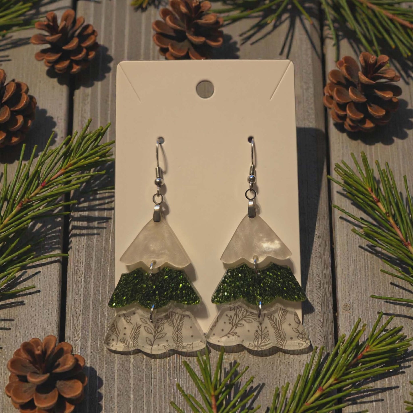 Multi-layer Green and White Christmas Tree Dangle Earrings