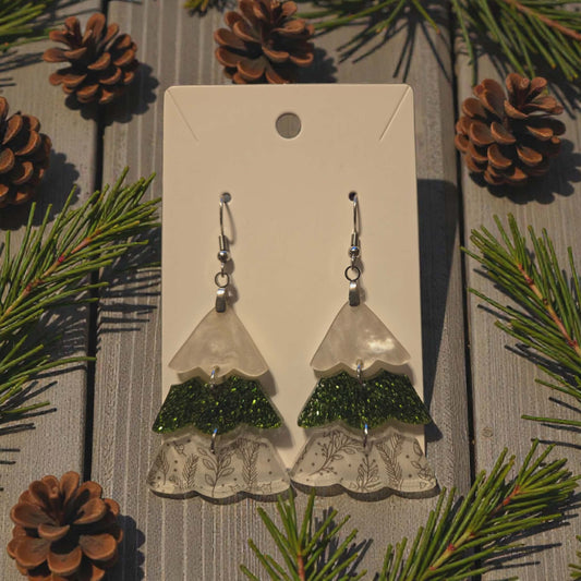 Multi-layer Green and White Christmas Tree Dangle Earrings