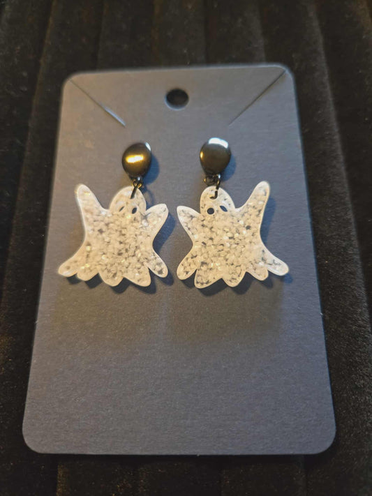 White Glitter Ghost Dangle Earrings