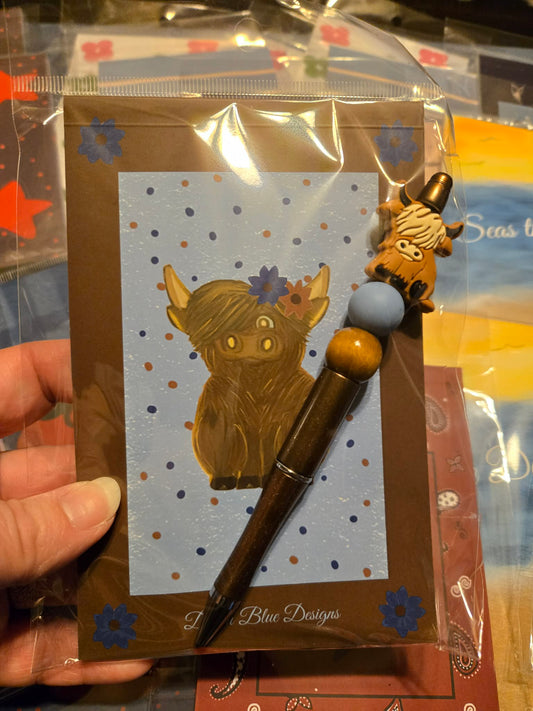 Hand Drawn Highland Cow Notepad with Cover with Coordinating Pen