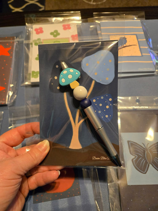 Hand Drawn Misty Blue Mushrooms Notepad with Cover with Coordinating Pen (Pen Focal and Bead Will Vary)